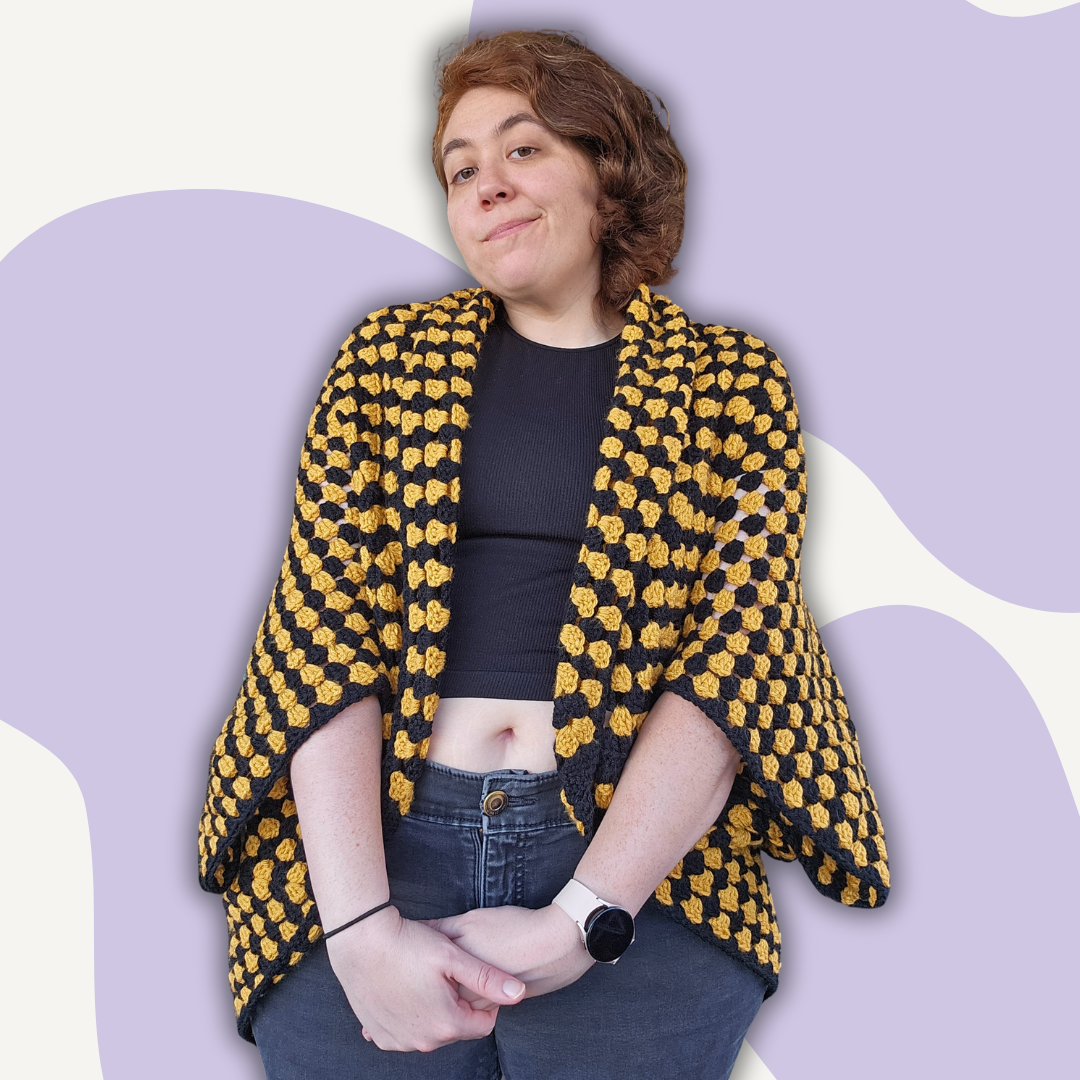 Oversized Granny Square Shrug - Black & Gold Stripes 3XL-5XL (50 Inch Square)