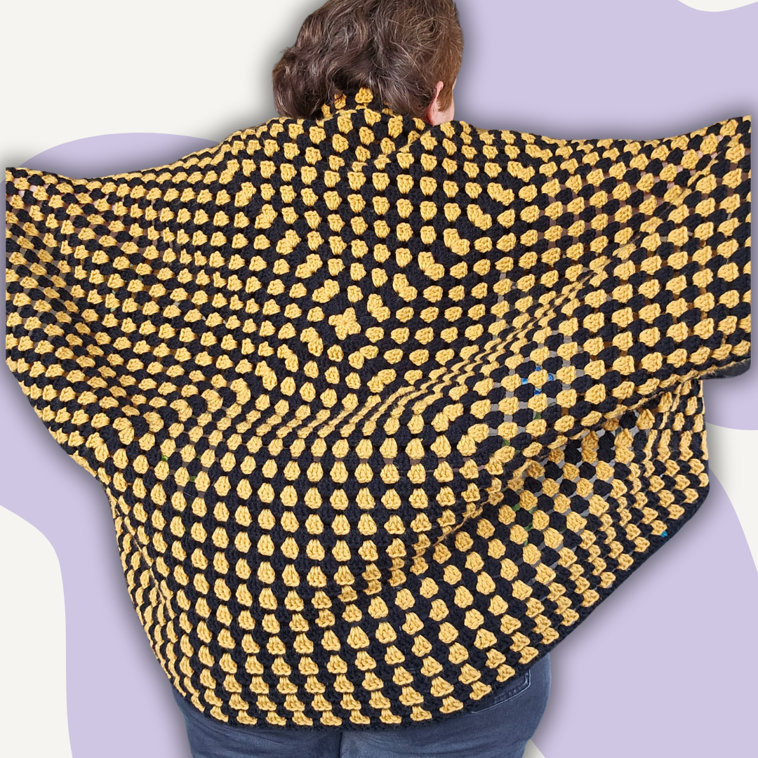 Oversized Granny Square Shrug - Black & Gold Stripes 3XL-5XL (50 Inch Square)