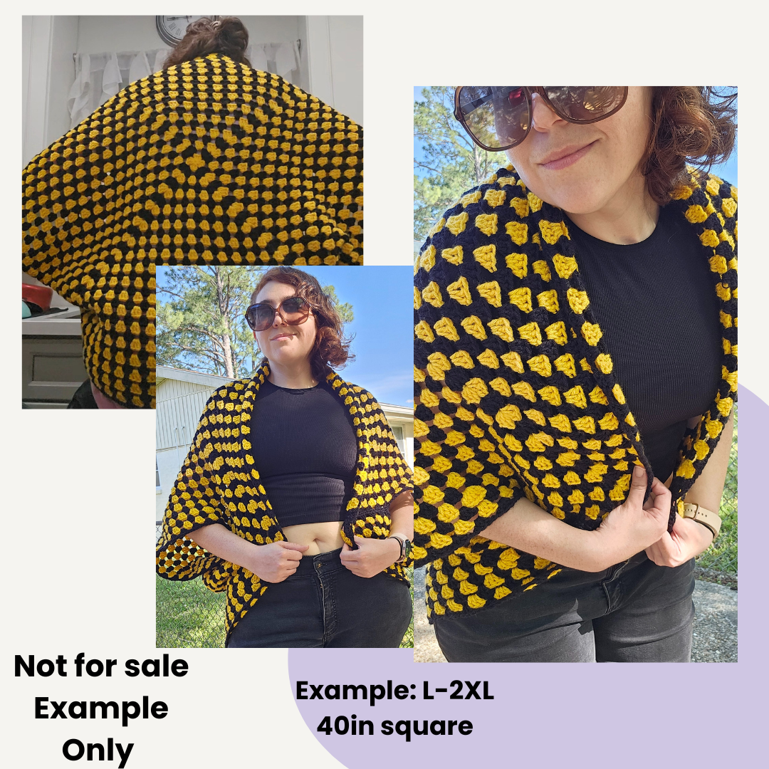 Oversized Granny Square Shrug - Black & Gold Stripes 3XL-5XL (50 Inch Square)
