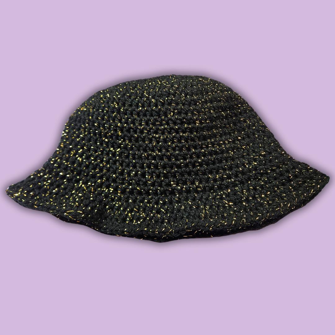 Black & Metallic Gold Crochet Bucket Hat