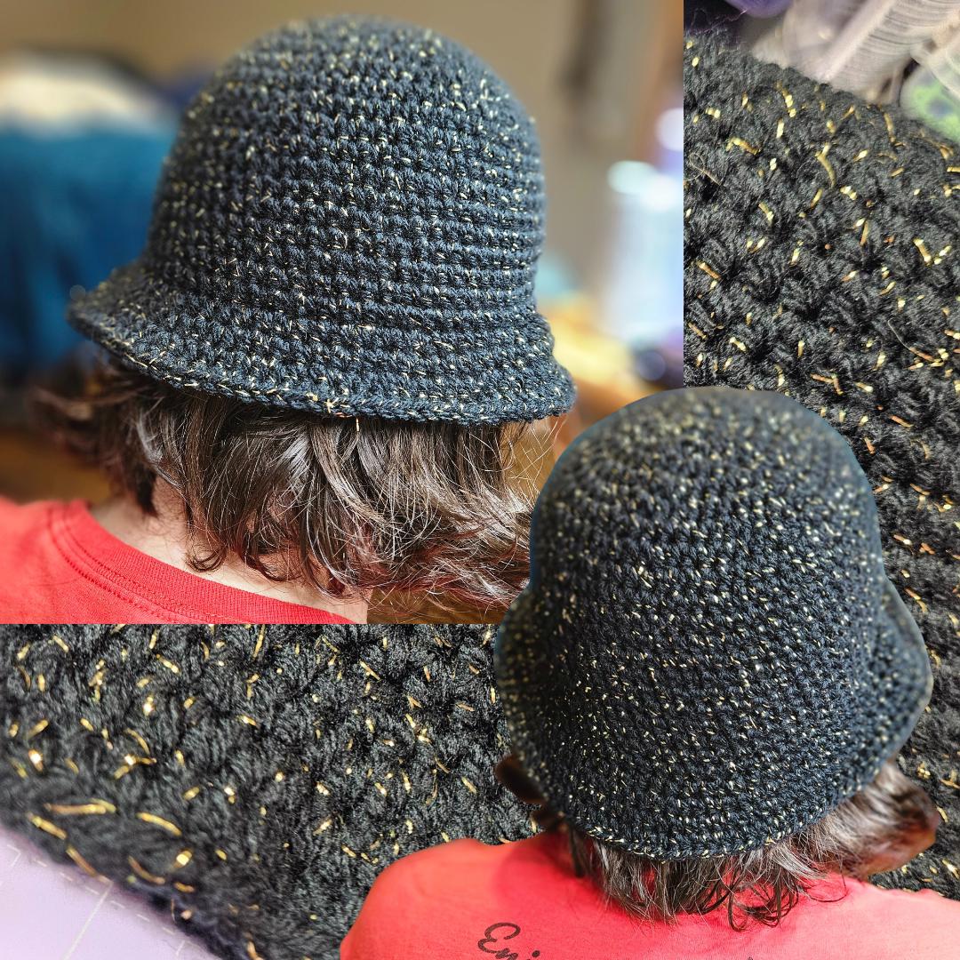Black & Metallic Gold Crochet Bucket Hat