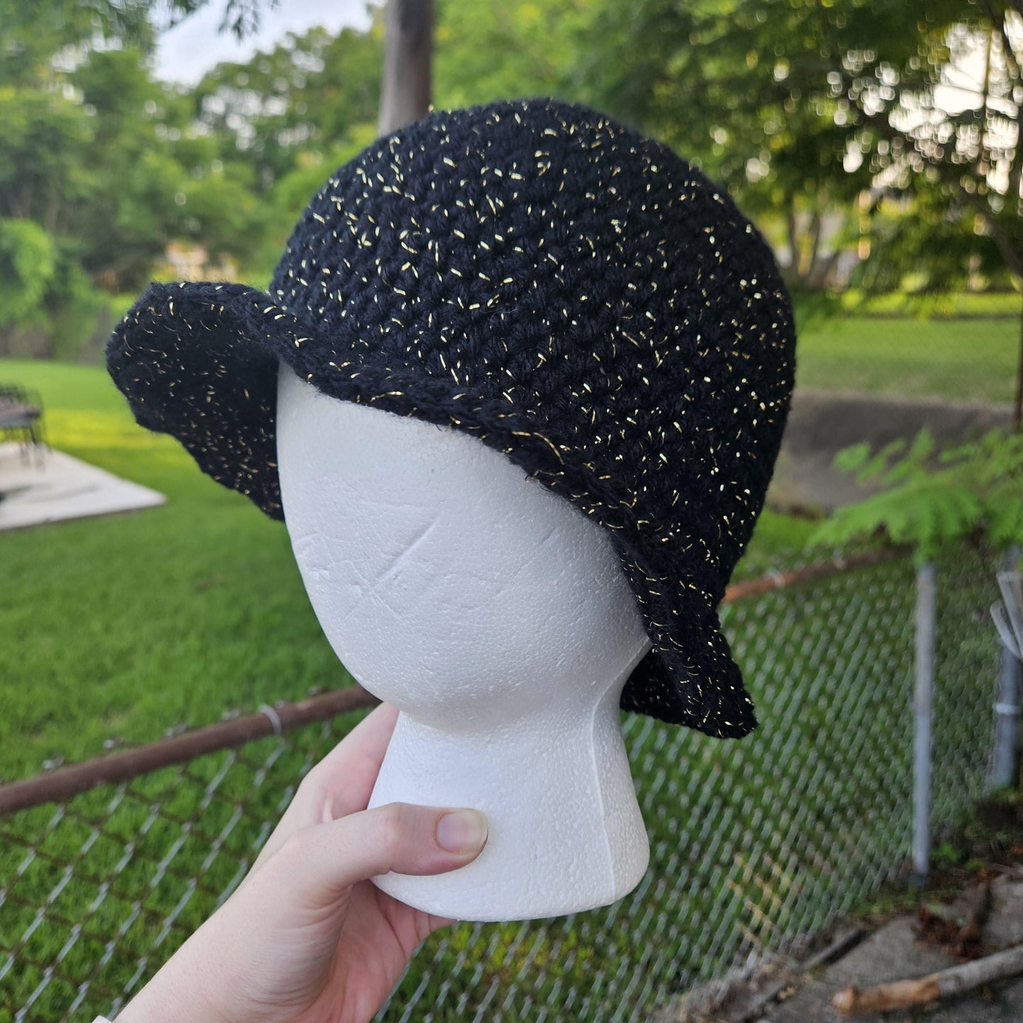 Black & Metallic Gold Crochet Bucket Hat