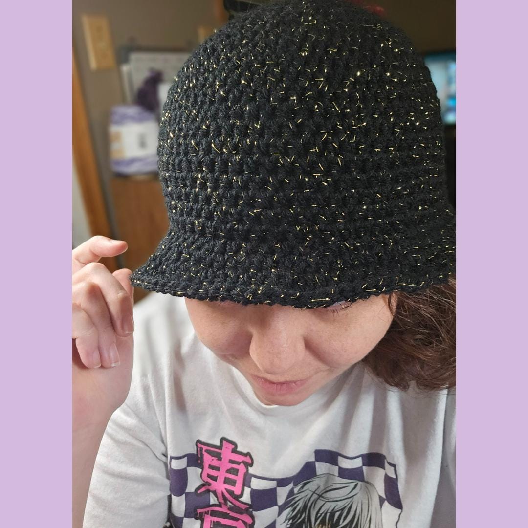 Black & Metallic Gold Crochet Bucket Hat