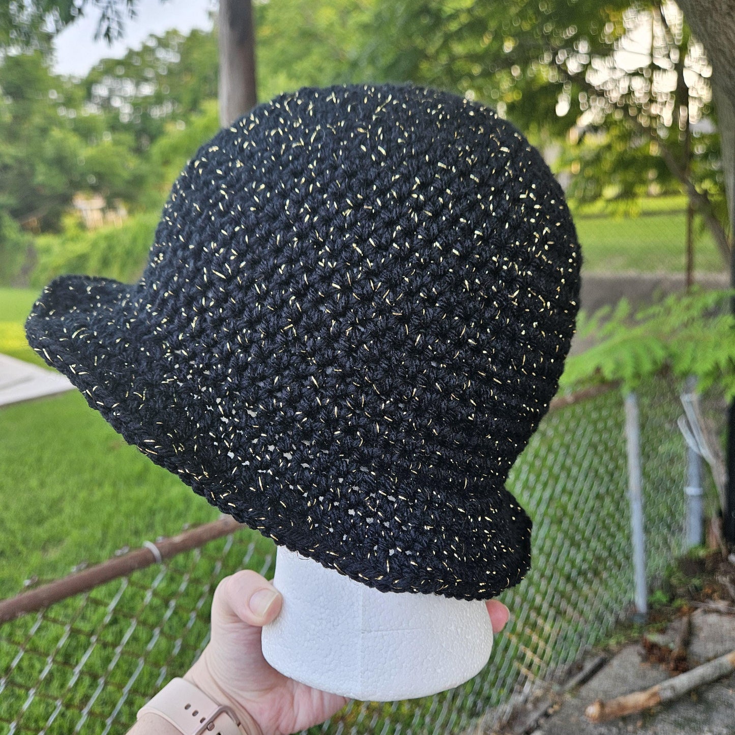 Black & Metallic Gold Crochet Bucket Hat