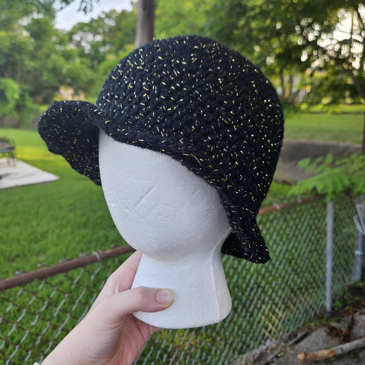 Black & Metallic Gold Crochet Bucket Hat